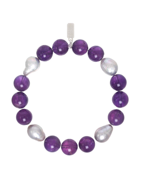 Margo Morrison Purple Amethyst &amp; Grey Baroque Pearls Stretch Bracelet