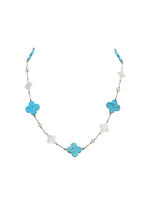 Margo Morrison Turquoise, White MOP Clover, Pearl Necklace with Gold extensions Sterling Silver