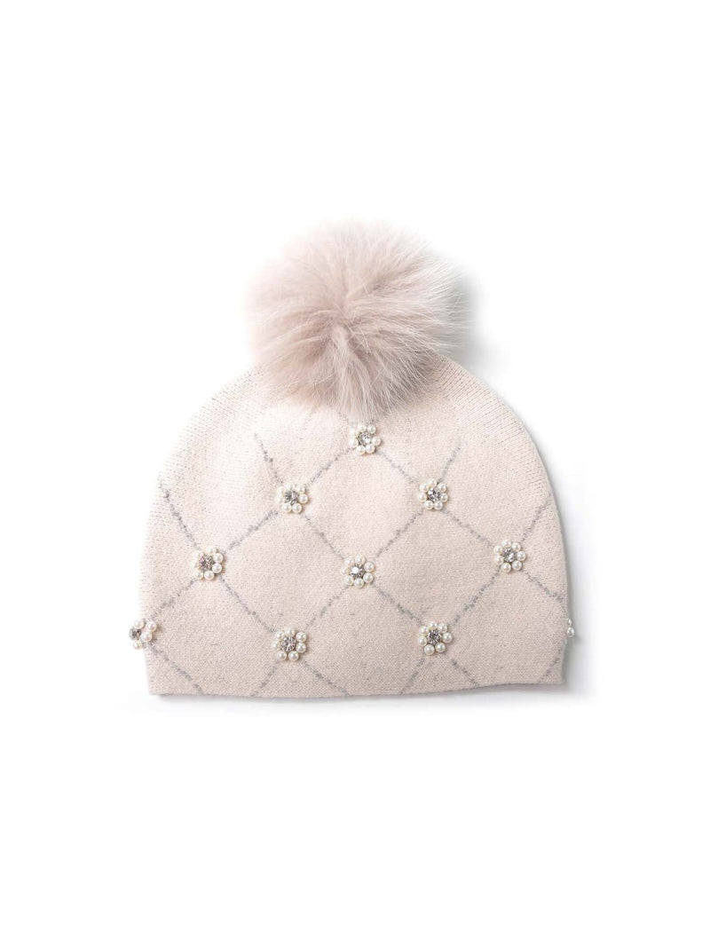 Mitchies Knitted Hat w. Flower Beads Pearl