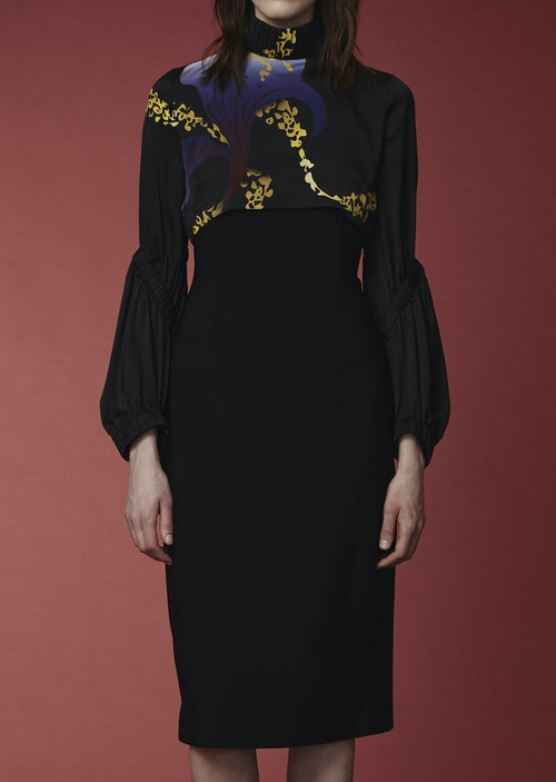 Mi Jong Lee Scuba Dress with Silk Blouse Detail