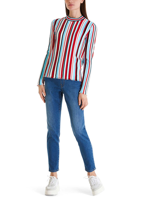 Marc Cain Collections "Rethink Together" Striped Sweater Fringed Trim Chili Red Stripe