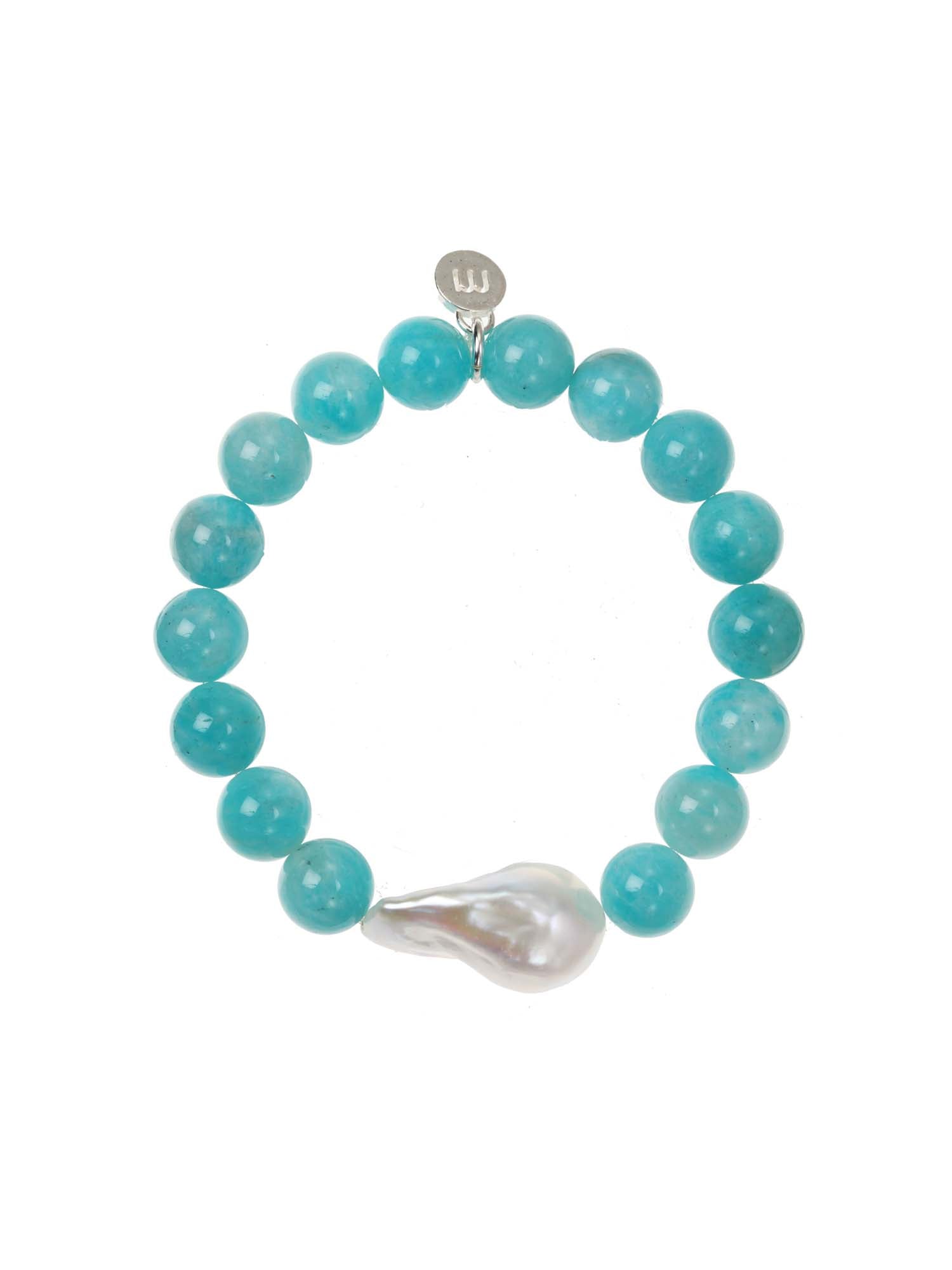 Margo Morrison Blue Green Amazonite Stretch Bracelet With Smooth Ball White Baroq Pearl