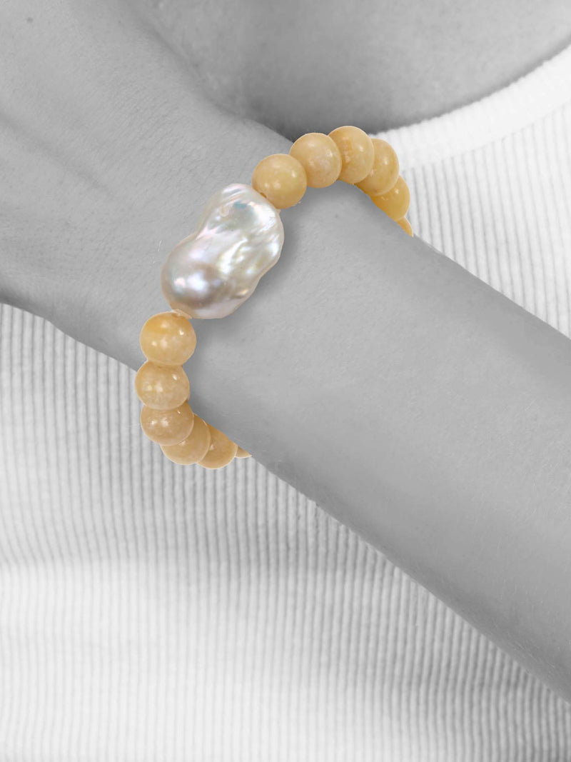 Margo Morrison Burmese Yellow Jade and Large Baroque Pearl Stretch Bracelet - Limited Edition