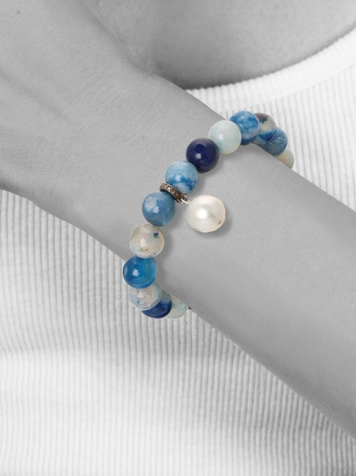 Margo Morrison Blue Flower Agate, Diamonds & White Baroque Pearl Bracelet