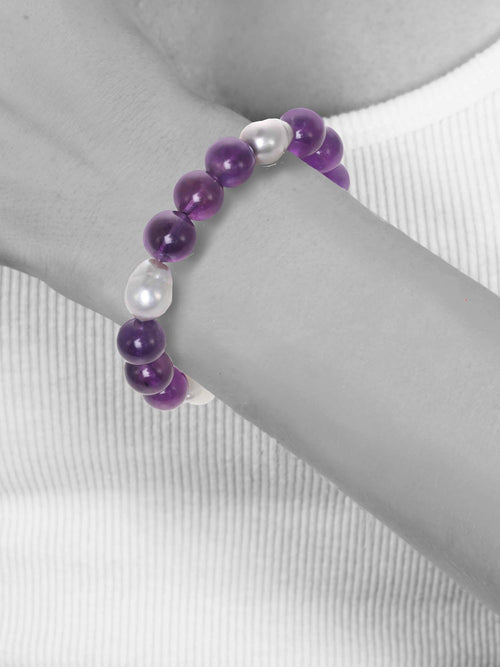 Margo Morrison Purple Amethyst & Grey Baroque Pearls Stretch Bracelet