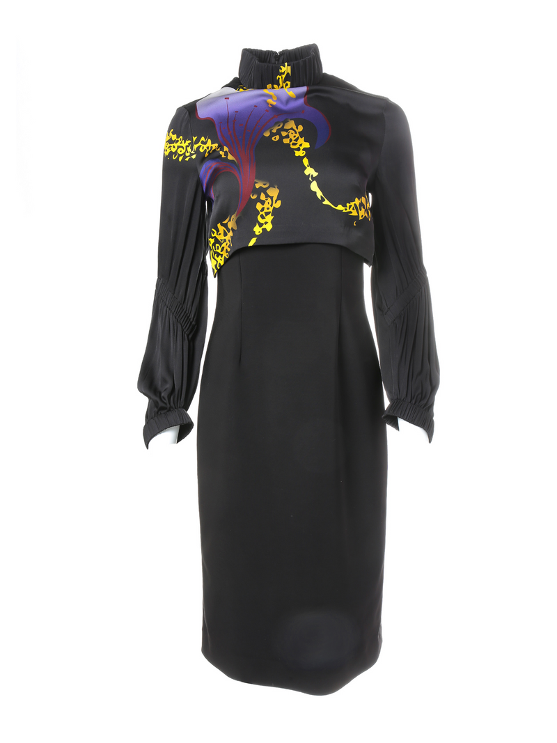 Mi Jong Lee Scuba Dress with Silk Blouse Detail