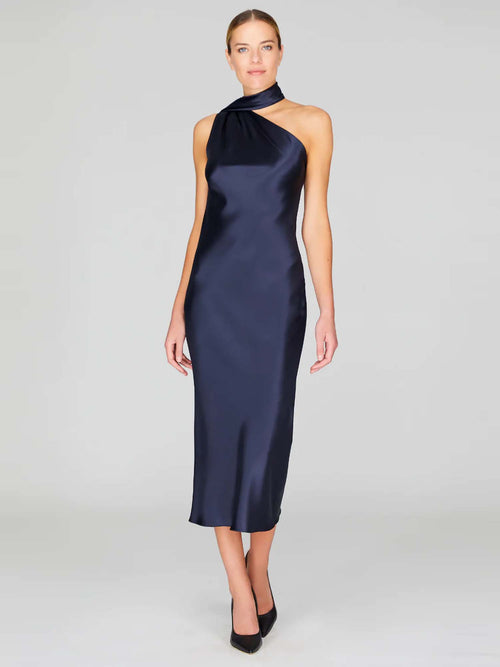 Mi Jong Lee Satin One Shoulder Bias Dress with Scarf