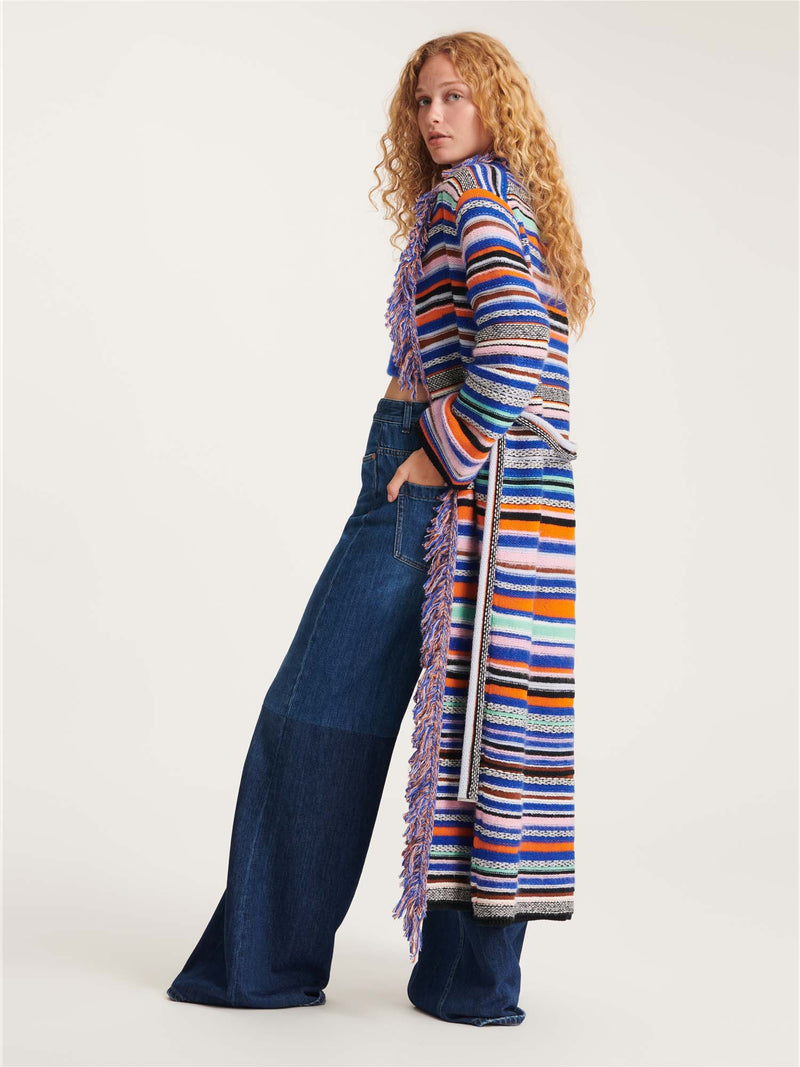 Dorothee Schumacher Plaid Inspiration Coat with Fringes Colourful Stripes