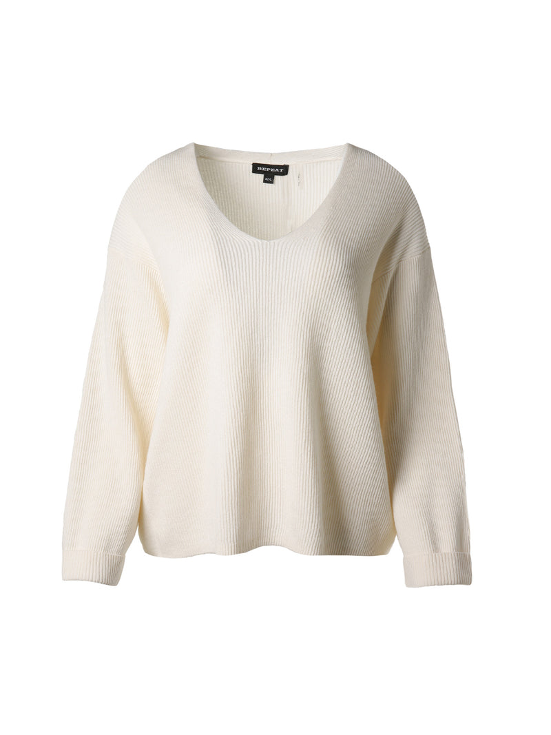 Repeat Vneck Knitted Pullover Cream