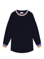 Cocoa Cashmere Samara Crew Neck Sweater with Rainbow Cuff - Navy