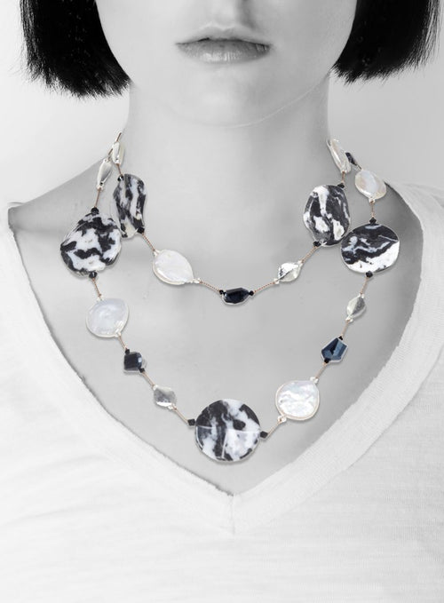 Margo Morrison Zebra Jasper, White Fresh Water Coin Pearl and Silver bead necklace Sterling Silver