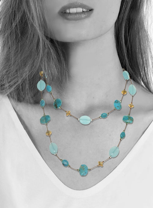 Margo Morrison Sleeping Beauty Turquoise, Chalcadony and Vermeil Bead Long Necklace Sterling Silver