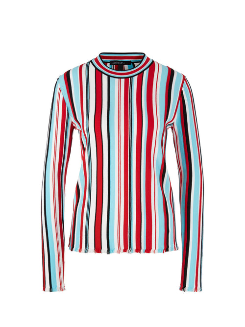 Marc Cain Collections "Rethink Together" Striped Sweater Fringed Trim Chili Red Stripe