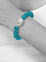 Margo Morrison Blue Green Amazonite Stretch Bracelet With Smooth Ball White Baroque Pearl 